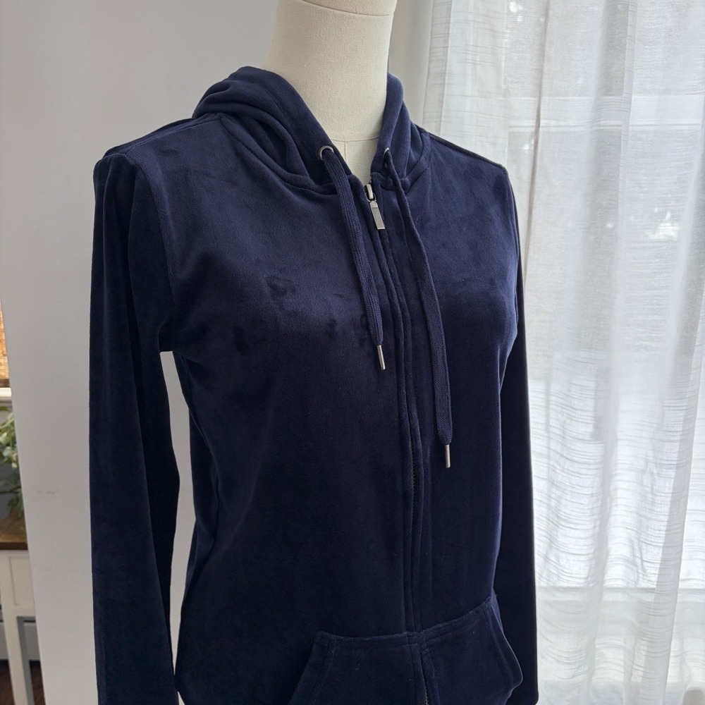 Women's Navy Blue Velvet Velour Hoodie Sz S Full Zip Sweatshirt Track Jacket - Picture 3 of 16